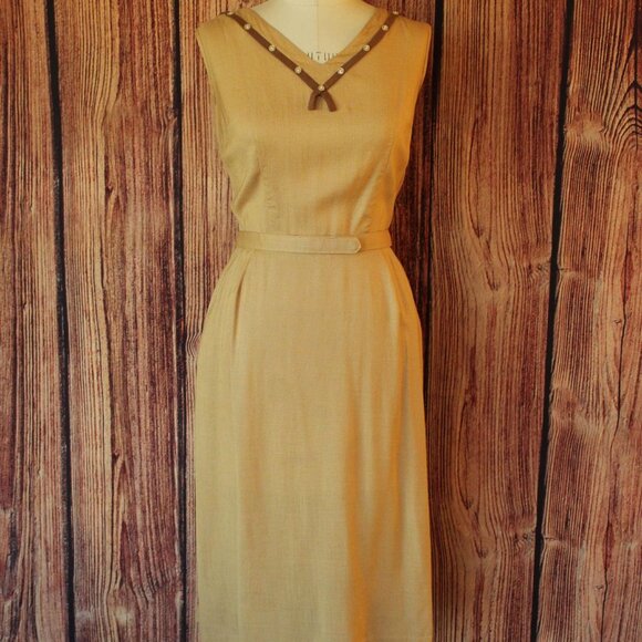 Vintage 1950s Dress With Jacket and Belt, 3 Piece Lampl Gold Linen Sundress - Picture 3 of 10